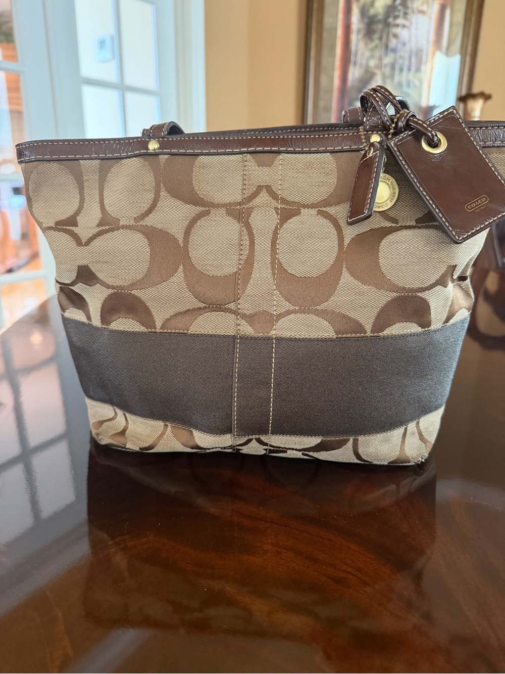 Coach Signature Canvas Tote in Khaki and Dark Brown Trim